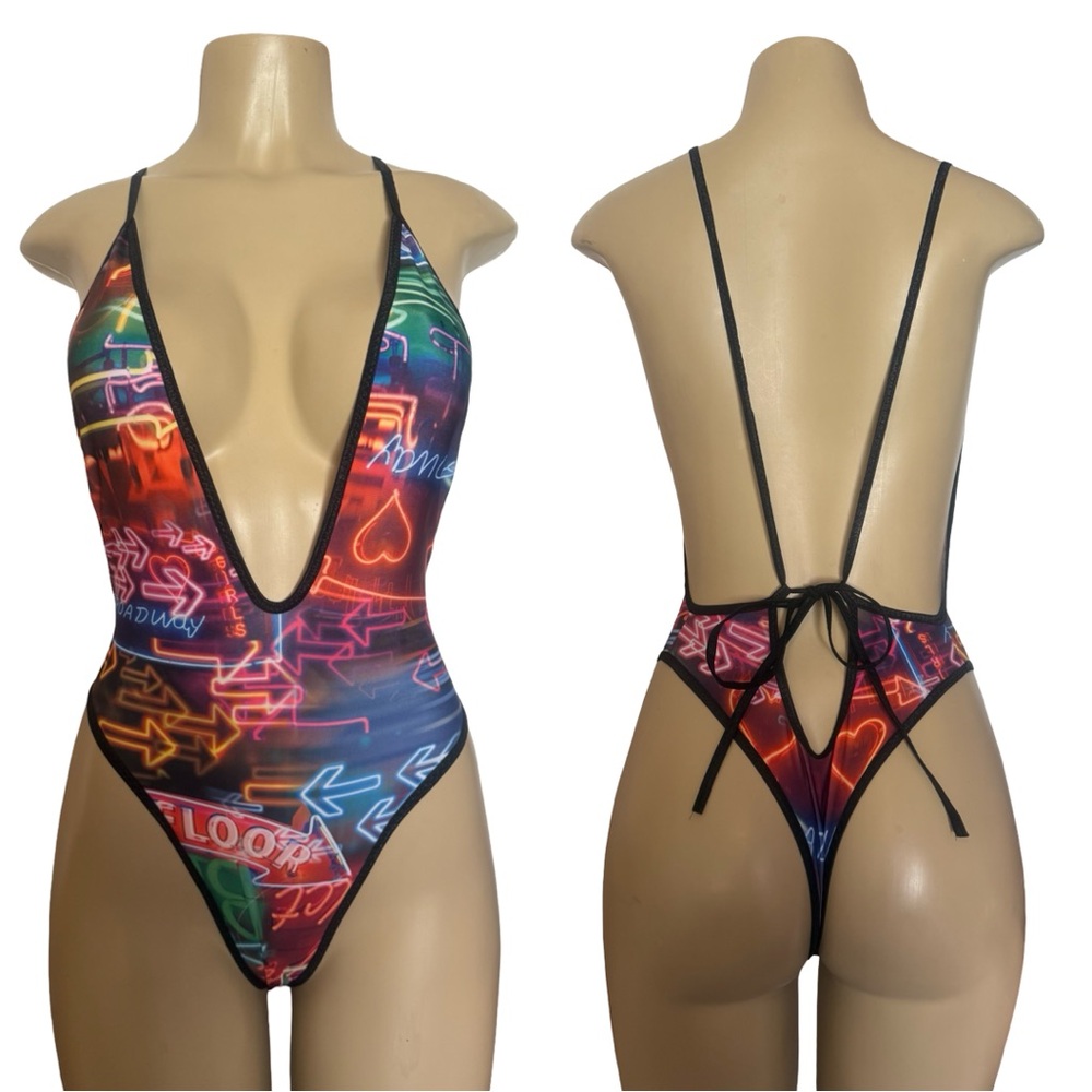 Neon Lights Deep V One-Piece Swimsuit - Multicolor